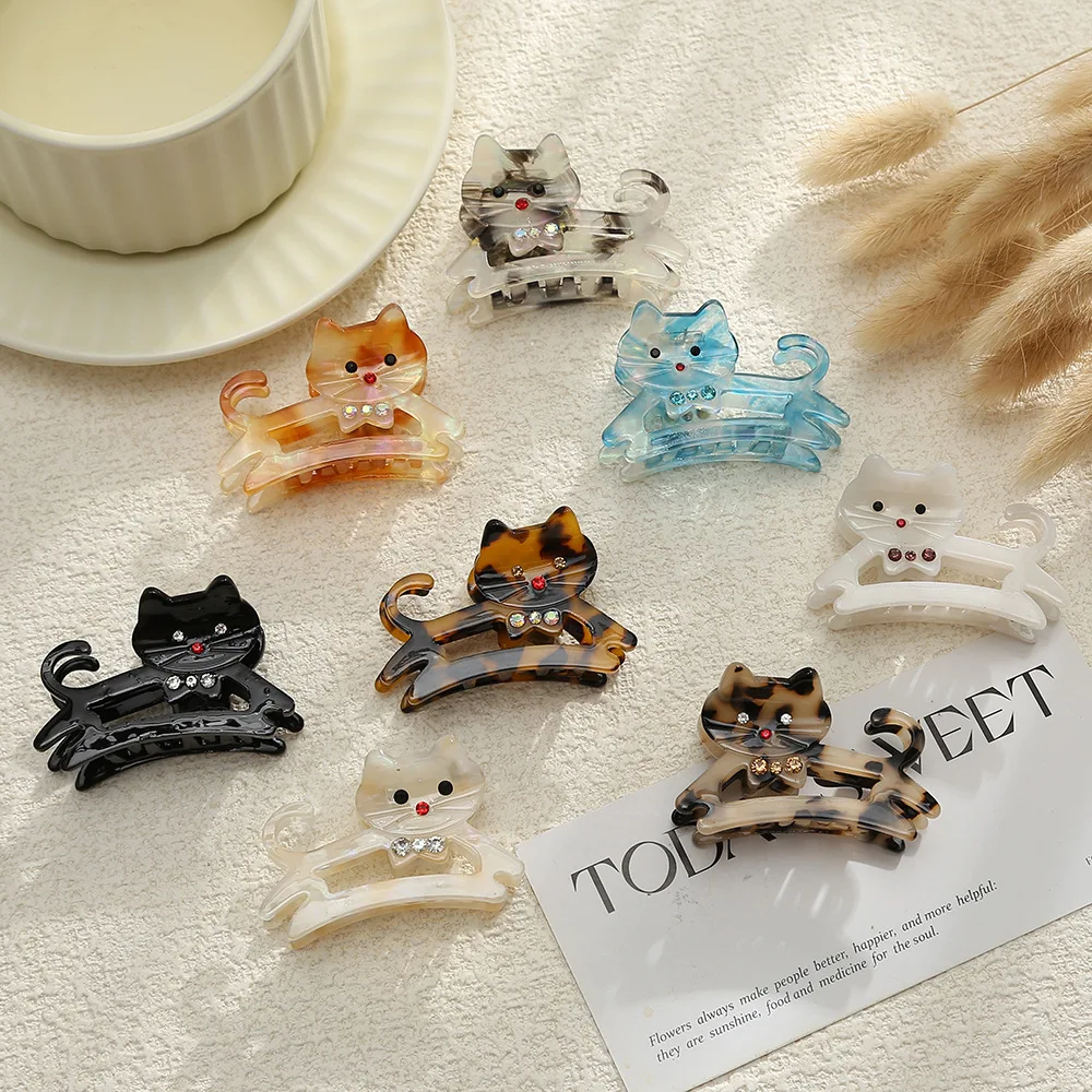 Pinza para el pelo de gato con diamantes de imitación para mujer y niña, pinzas para el pelo de acetato con dibujos de animales, gatito y cangrejo, accesorios para el cabello Kawaii