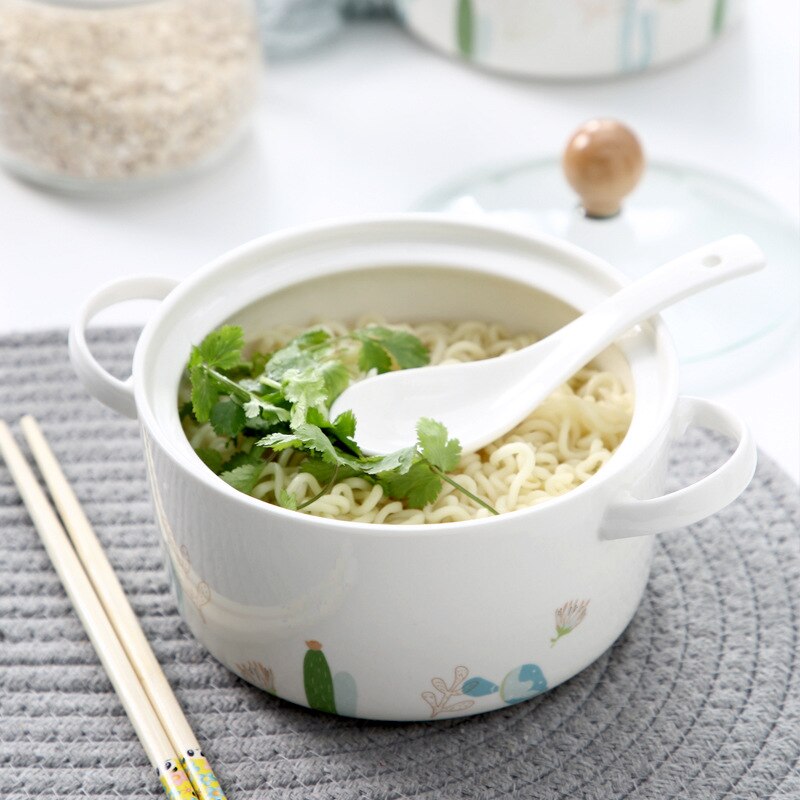 Keramische Instant Noodles Kom Met Deksel Nordic Grote Slaapzaal Instant Noodles Cup Kom Eetstokjes Set Huishoudelijke Gemak Doos