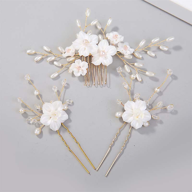 GETNOIVAS splendidi fiori bianchi perle bastoncini per capelli pettine per capelli da sposa perni per capelli clip Set accessori per capelli da sposa Set SL: Default Title