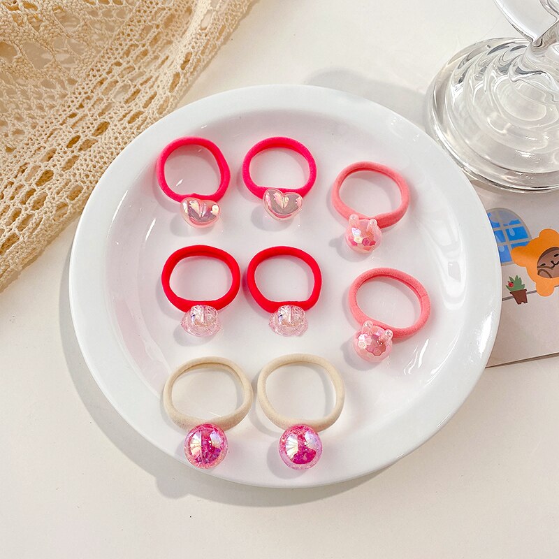 Boîte de chouchous en caoutchouc pour enfants, 5/8 pièces/boîte, bande de cheveux en forme de cœur, fleur, dessin animé, doux et brillant, accessoires pour cheveux: Pink-8 Pcs