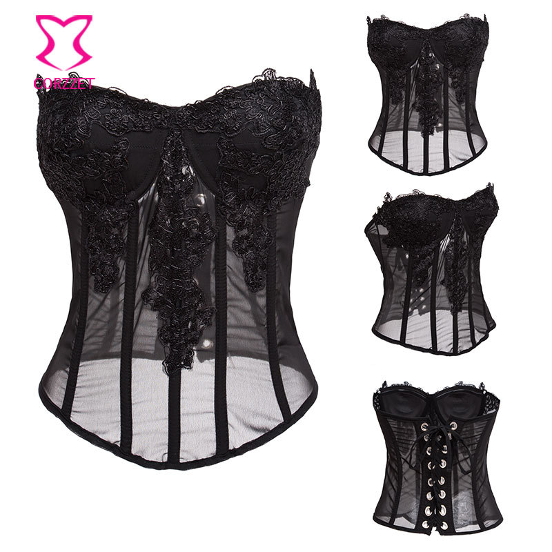 Pink Chiffon Floral Appliques Gothic corset sexy boned waist cincher Bustier Top Corset push up burlesque Corselet korse rosetic: Black / S