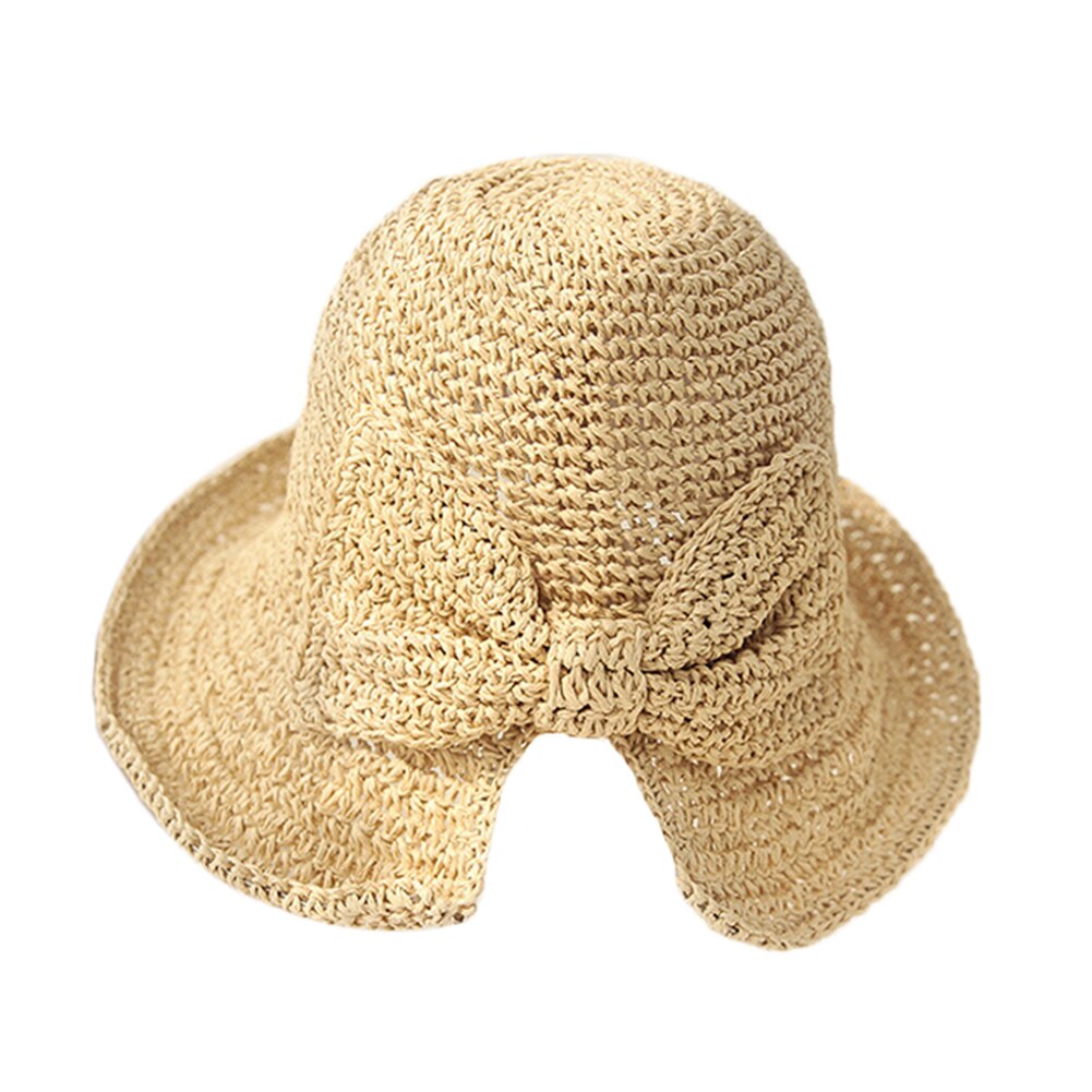 Women Lady Straw Foldable Bucket Hat Bowknot Wide Brim Cap Breathable for Outdoor Fishing Beach Sun Fisherman Hats Summer: Beige
