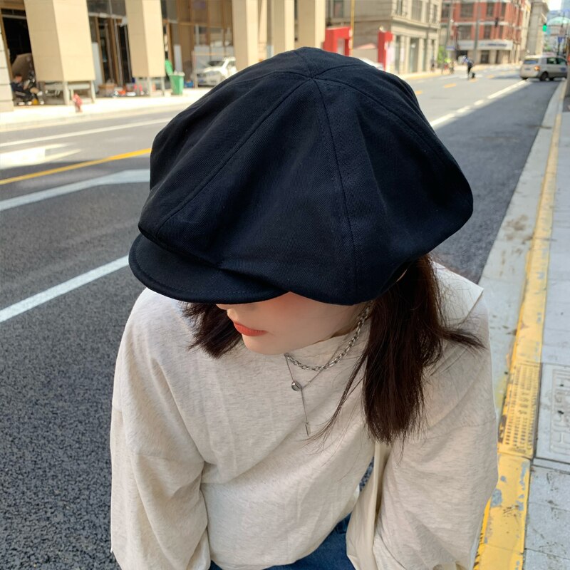Sombreros Retro japoneses para mujer, gorro plano liso octogonal Newsboy, informal, boina, pintor, Otoño e Invierno: Negro
