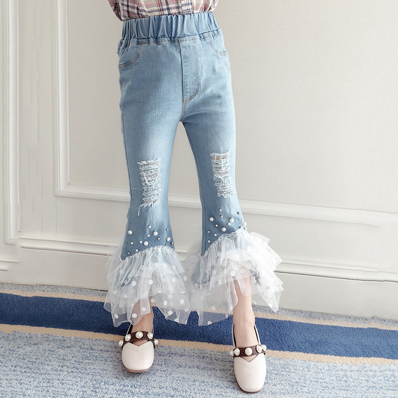 Pantalones de mezclilla para niñas, pantalones de encaje de retales de primavera , pantalones vaqueros para niños, pantalones con volantes para niñas, pantalones de tela vaquera con corte de bota