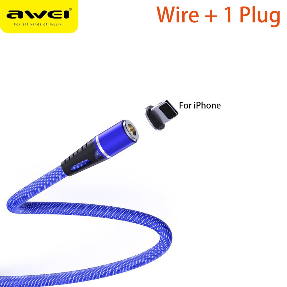 Awei led magnetische kabel 3 in 1 oplaadkabel snel 360 graden type c usb-kabel micro usb magnetische oplader snel voor mobiele telefoon: Blauwe ios