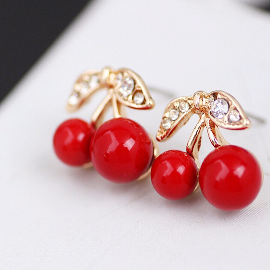 Neue Niedlich SchöNe rot Kirsche Ohrringe Strass Blatt Perle Zucht Ohrringe Für Frau Schmuck Boucle D'oreille