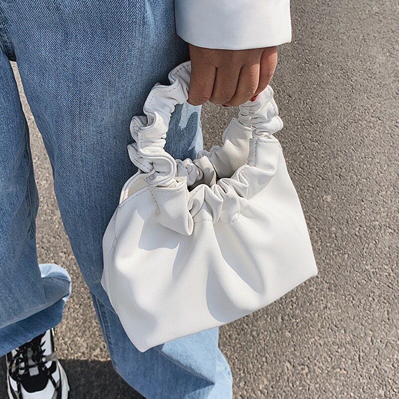 Damehåndvesker sommerhåndvesker til kvinner fast ruched wristlets kvinnelige mini pu lær skulderveske totes