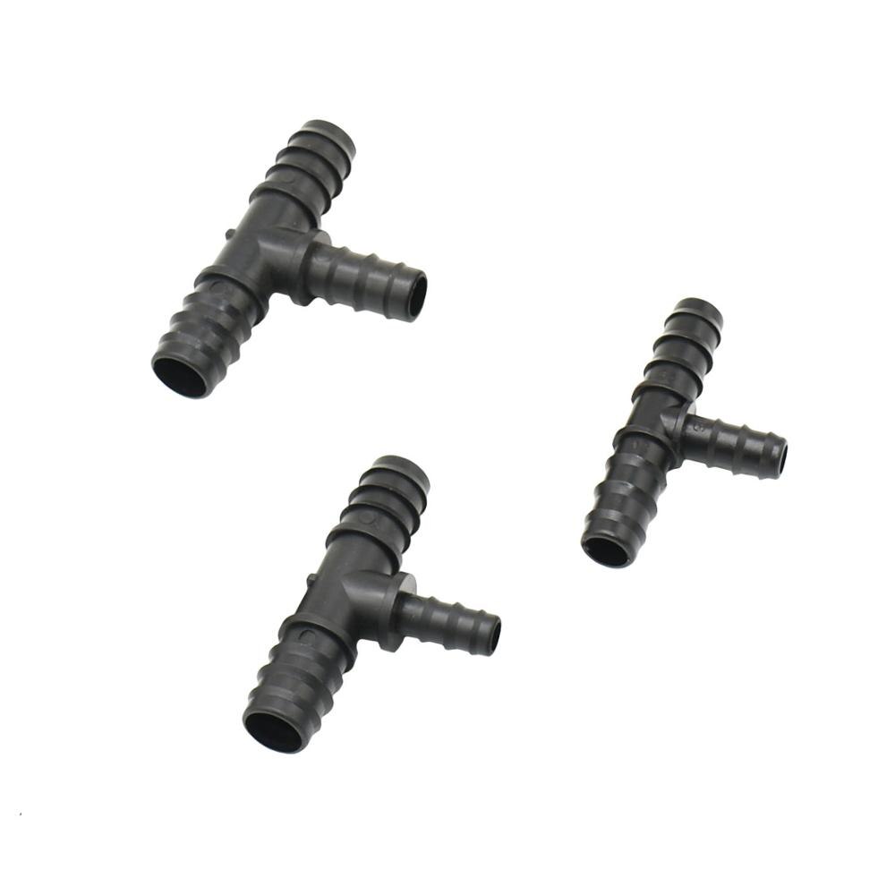 T-form 1 &quot;  to 3/4 &quot;  to 1/2 &quot; hageslange tee-kobling redusering vann splitter tee barb vannkobling for 25mm/20mm/16mm slanger 2pc