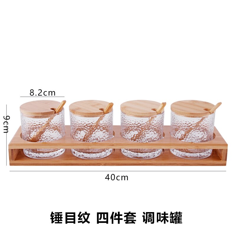 Japanese glass wood lid seasoning pot three piece seasoning box set sauce bottles sugar salt chili cans caster wooden shelf
