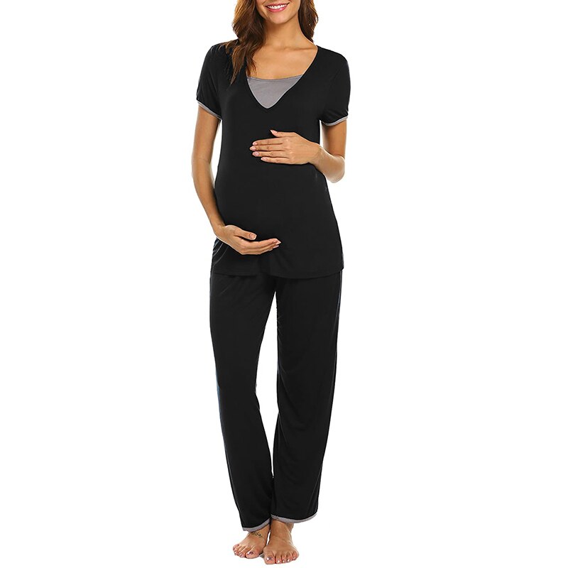 Maternité soins infirmiers vêtements de nuit pour les femmes enceintes décontracté solide allaitement pyjamas ensemble maternité maison vêtements grossesse hauts + pantalons: Black / L