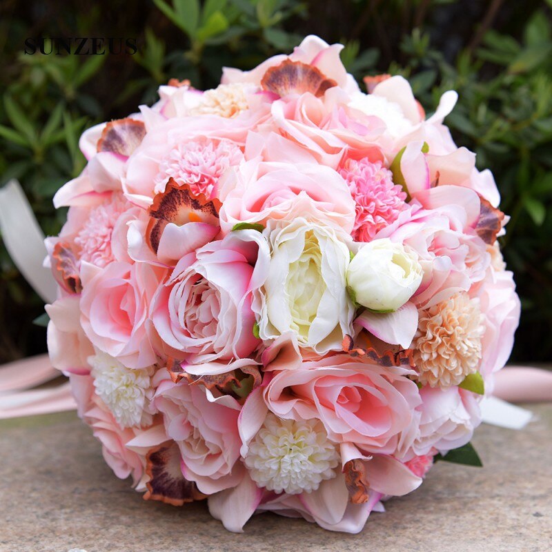 Pink Rose Artificial Flowers Bridal Bouquet for Wedding Party Women Hand Flowers Satin Ribbons 2022 Newly ramo novia SWB14