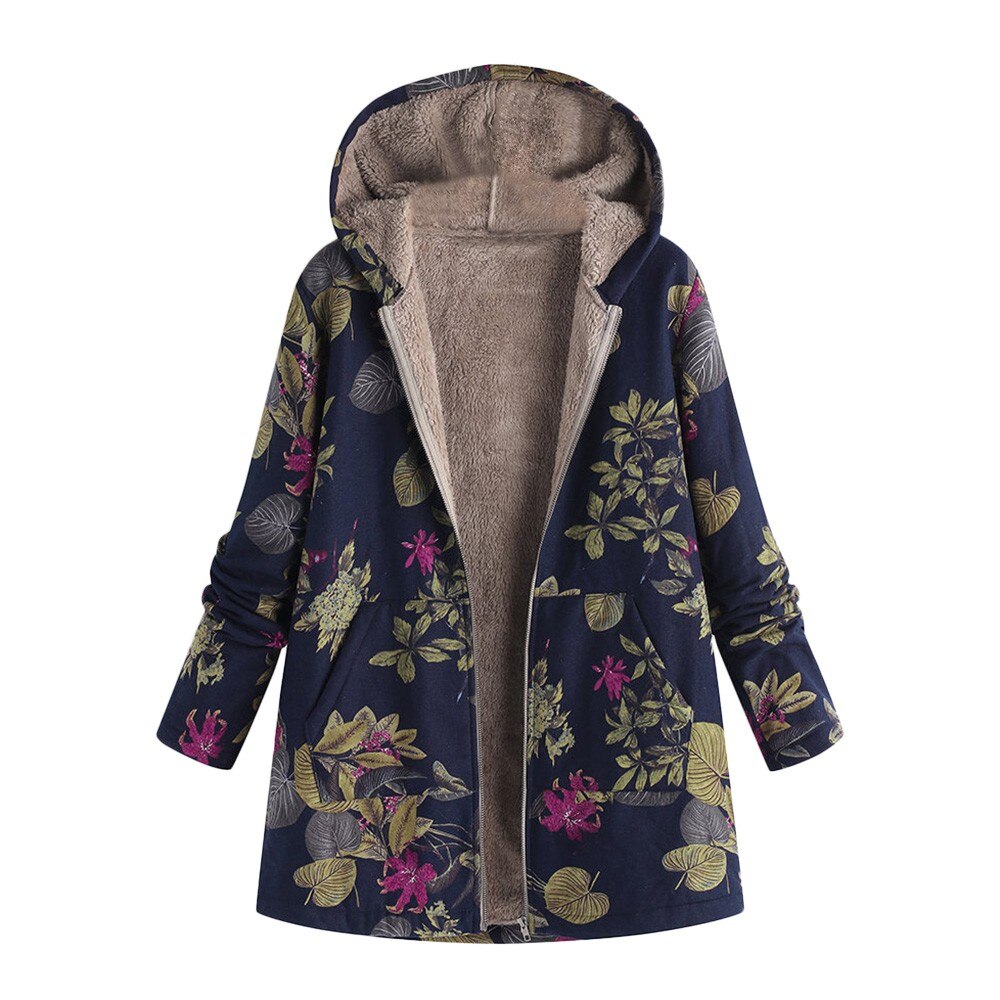 chaqueta mujer invierno Vintage prendas de vestir blanco Floral con capucha bolsillos abrigo mujer de talla grande 5xl estilo coreano cremallera chaqueta femenina: Navy / M