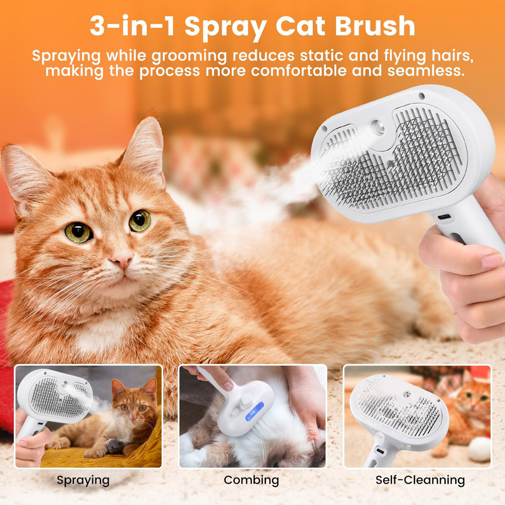 Cepillo de vapor para gatos, peine de depilación con spray para mascotas para quitar y cuidar, cepillo de agua para gatos, perros, animales pequeños, pelo largo y corto