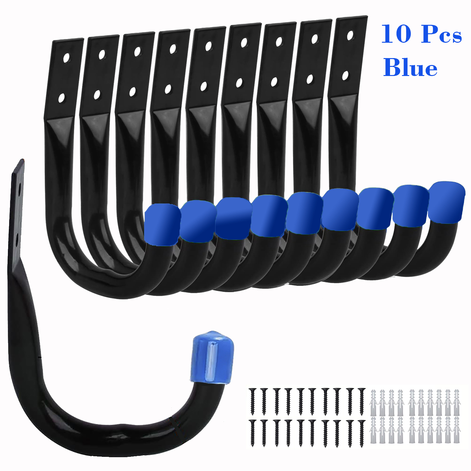 Pack of 6 Heavy-Duty Garage Hooks for Hanging, Large Garage Storage Hooks for Extension Cord Tool Cable, Black Wall-Mounted J Practical Hooks with Wall Anchors and Screws: DEEP BLUE