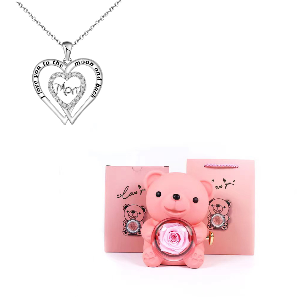 Collares con colgante de mamá de circón en forma de corazón con caja de de flor rosa de oso bonito adecuada para Navidad Día de la madre sorpresa romántica: Color oro puro