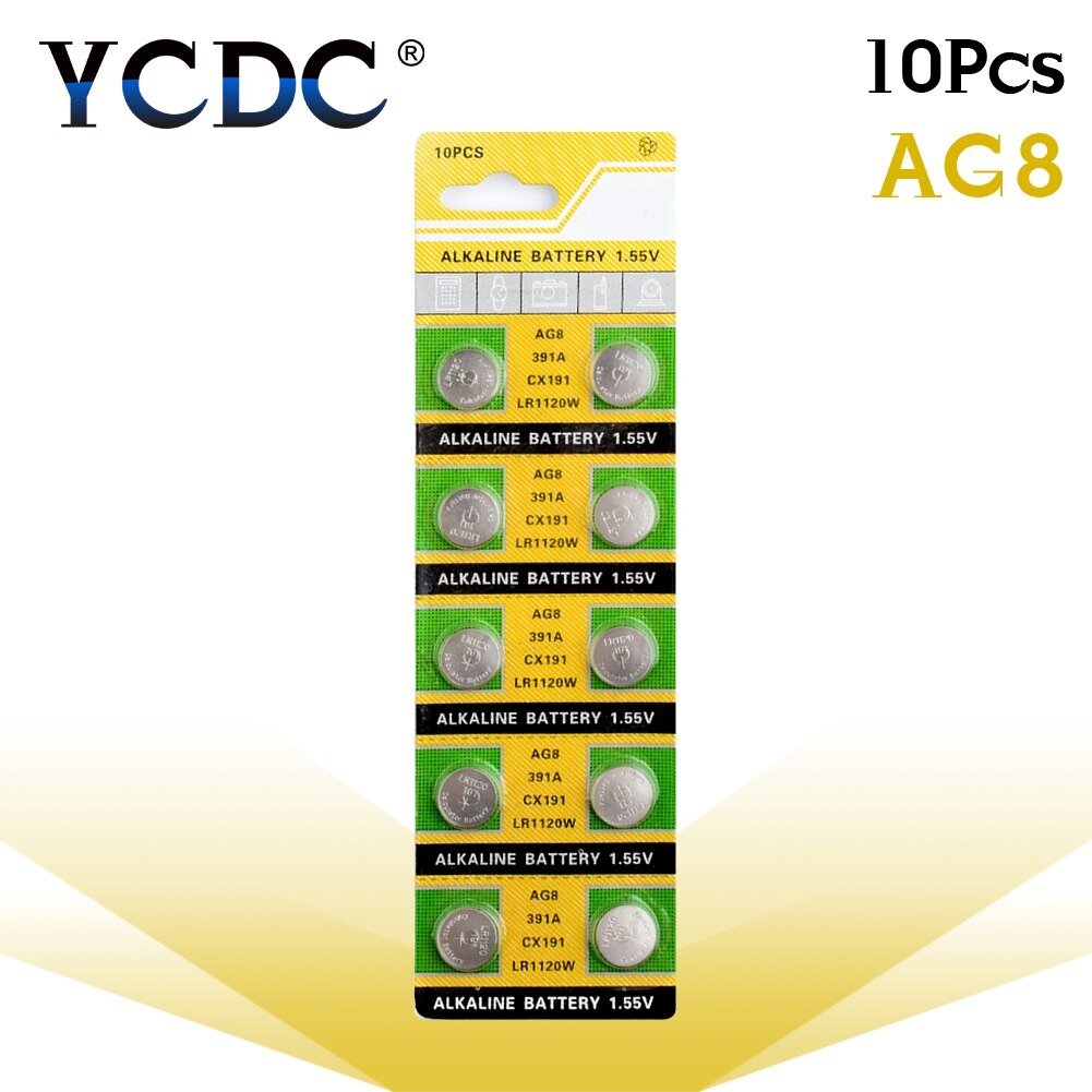 YCDC 10pcs button cell battery AG6 AG12 AG8 AG9 AG10 AG11 1.5V lr1130 bateria pile ag6 pour montre: AG8