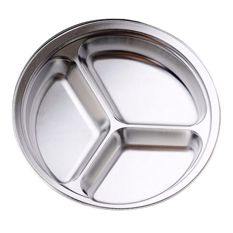 Stainless Steel 3 Sections Round Divided Dish Snack Dinner Plate Diameter 26Cm