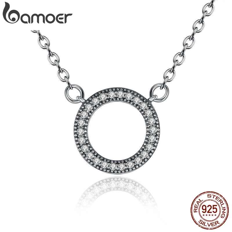 Bamoer 925 prata esterlina corações de marca clara forma redonda cz pingente colares para festa feminino jóias psn010