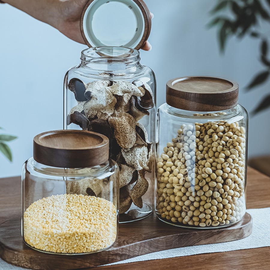 Neue kleine Vorratsdosen aus Glas mit luftdichten Deckeln, Kaffeebehälter mit Holzdeckel, Glas-Speisekannen für Bohnen, Reis, Zucker