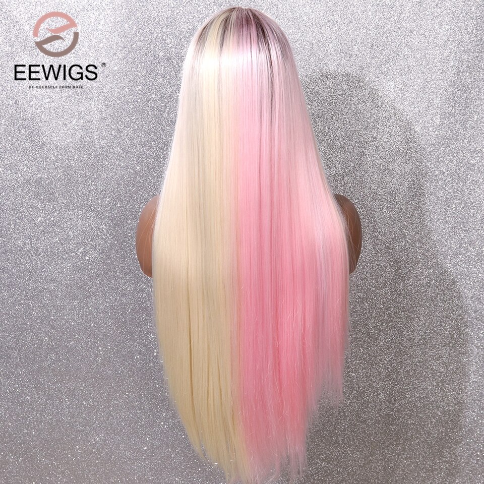 Eewigs halvrosa halvblond syntetisk blonder foran parykk lang rett varmebestandig parykk med brune røtter ombre parykker for kvinner