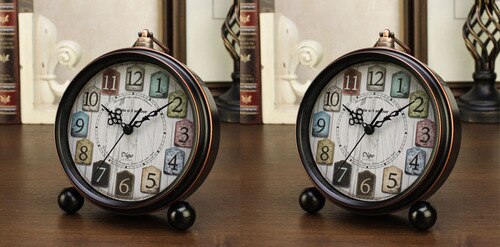 Small Retro Desk Clock Silent Metal Alarm Clock Bedroom Desktop Clock Roman Numerals Relogio Mesa Wrought Clocks AC50TC: Style7-2pcs