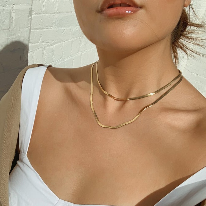 Collar con cadena de serpiente de mujer, gargantilla de acero inoxidable, Color dorado y plateado, Gargantilla plana de espiga para niña de 4mm