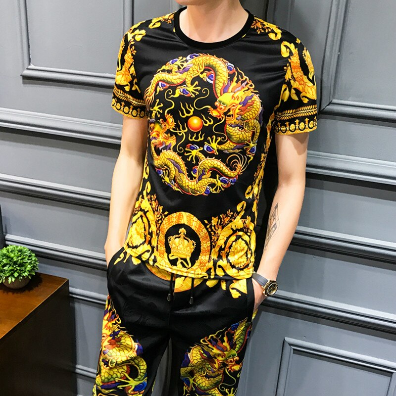 Gouden Draak Print Mannen Sportkleding Zomer T-shirt Broek Casual Suits 2 Stuks Trainingspak Mannen Sweatsuit Luxe Mannen Kleding