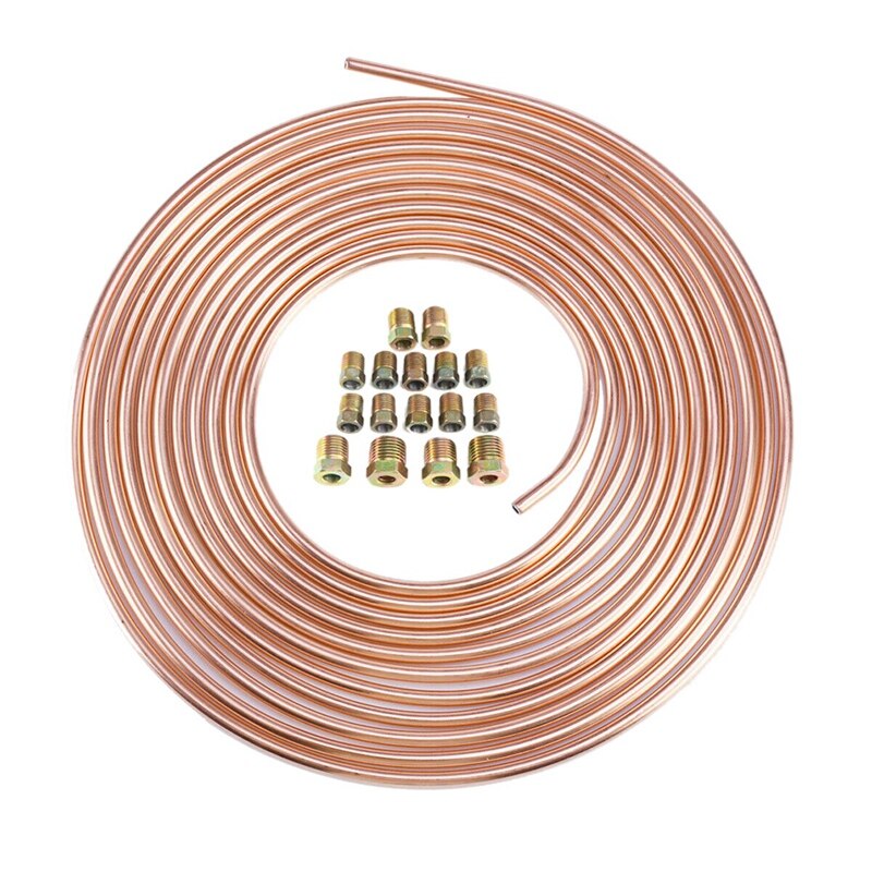 Copper Nickel Brake Line Tubing Kit 1/4Inch OD 25 Ft Coil Roll Tube & 16 Pcs Tube Nut Fittings