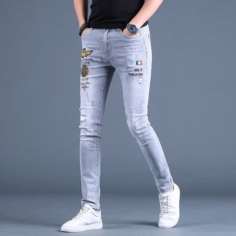 Beggar Style Men’s Slim-fit Ripped Jeans Embroidery Stretch Denim Pants,Scratches Sexy Gray Jeans Pants;