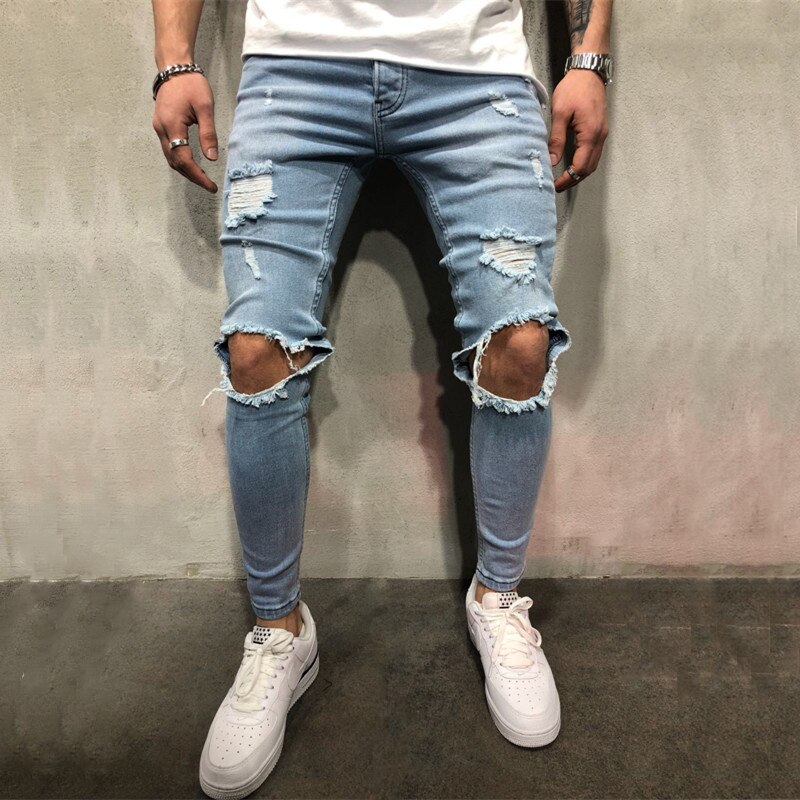 Jean déchiré au genou pour hommes, coupe haute extensible, pantalon de jogging bleu délavé, troué Hip-hop, motard
