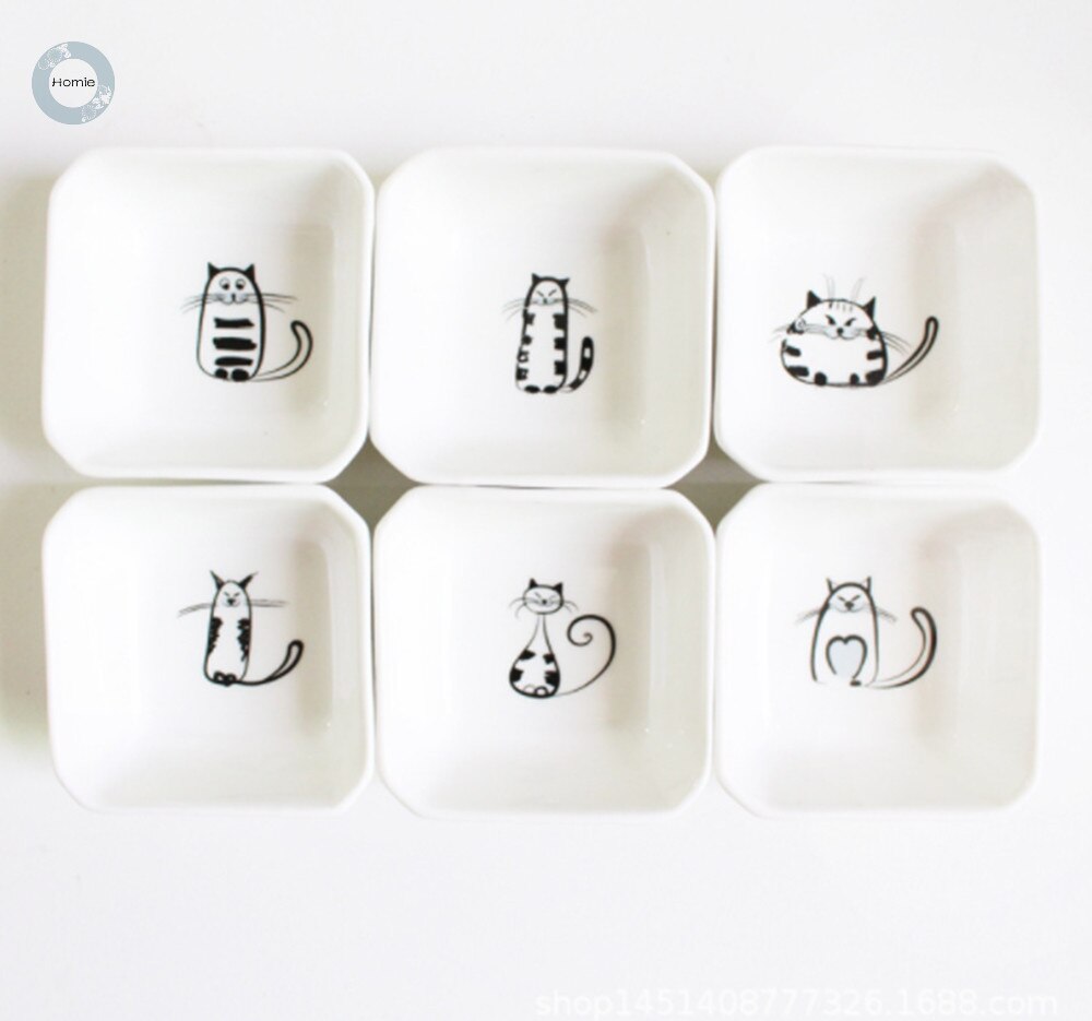 6pcs Square cat Sauce dish ceramic dinner plates sets cat plate Small Saucer Shape Dinner Tray Sauce Dish Mini Ceramics Plate