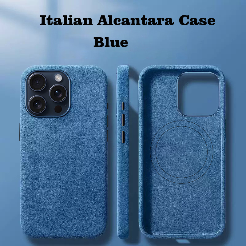 Italiaans Alcantara-hoesje voor iPhone 15 Pro Max Zacht lederen telefoon achterkant voor iPhone 15 Pro-magneten voor MagSafe grijs blauw