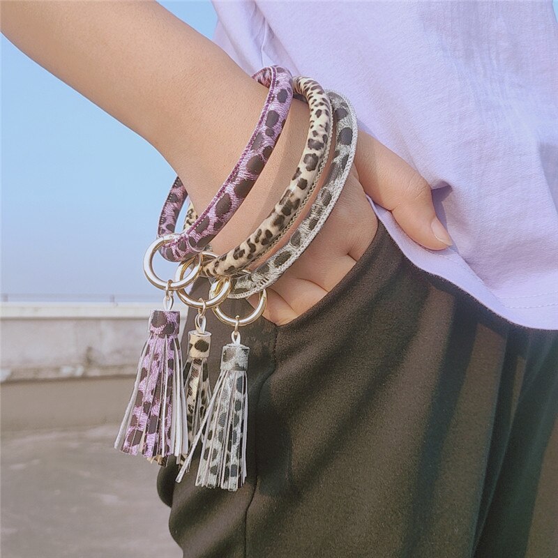 SEDmart PU Leather Keychain Bracelet for Women Big Circle Spot Tassel Wristlet KeyRing Wrist Strap Jewelry Women Accessories