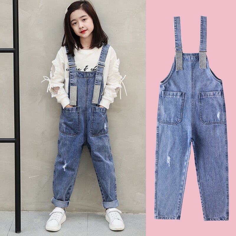 Flickoverall barn denim jumpsuit barn overall jeans vår höst jeans byxor cowboyfickor ytterkläder 6-16t: 14