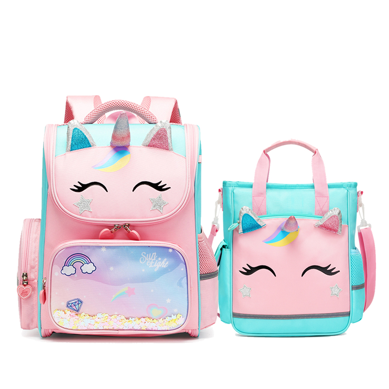 SUN otto Unicorn Girl School Bags borsa per libri ortopedica per bambini spazio in Nylon impermeabile 3D: Pink set