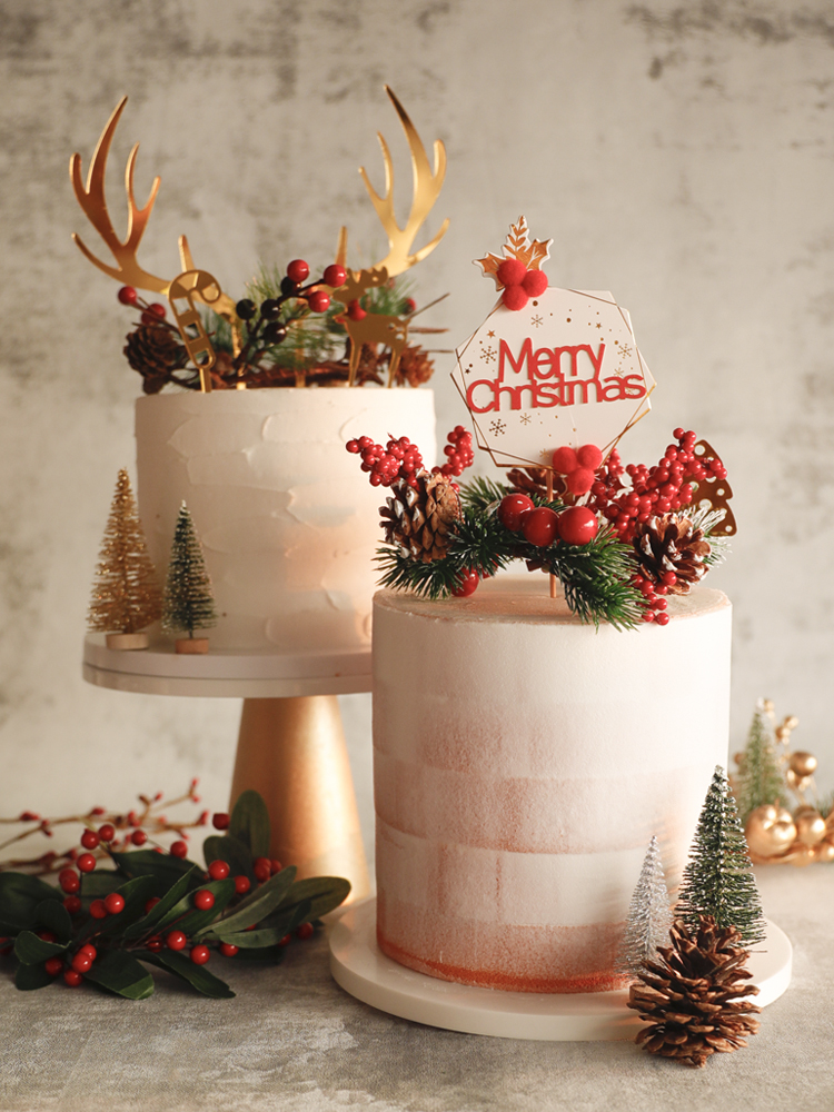 Merry Christmas Cake Topper Elk Antler Pine Cone Branch Garland Pine Tree Year Baking Cake Decoration Christmas Wreaths