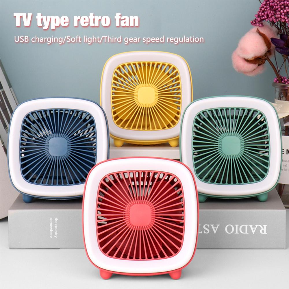 Zomer 3 snelheden usb oplaadbare retro-stijl coole mini-ventilator tv-type ventilator met led-licht desktop tafelventilator