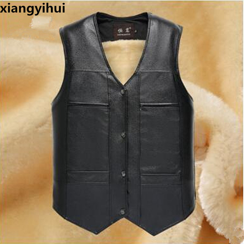 Merk grote maten zwart leren vest heren fleece gevoerde warme jassen mouwloze jas winter leren vest