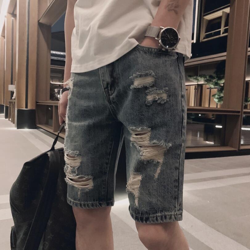 Pantalones cortos vaqueros ajustados para hombre, Shorts informales con agujeros hasta la rodilla, para verano, w1925,
