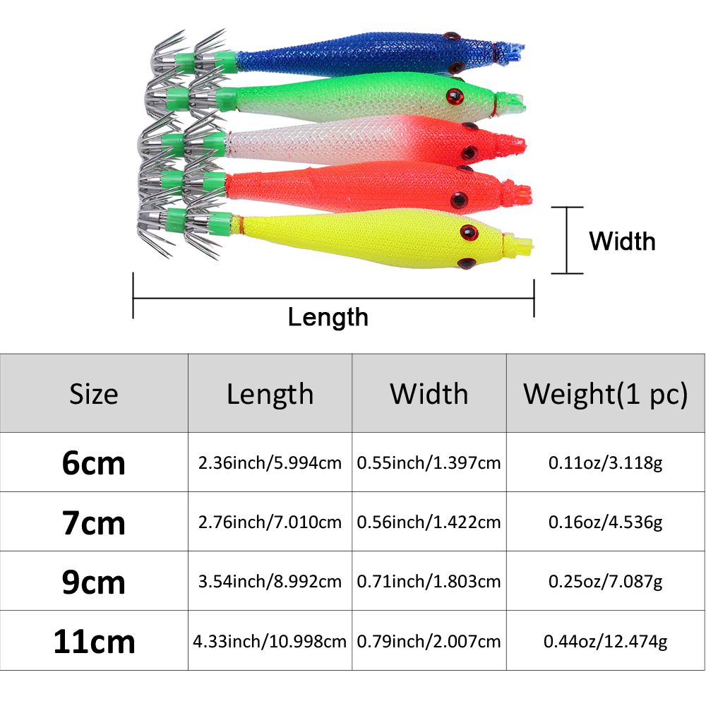 Señuelos de pesca fluorescentes, 5 uds., 6cm, 7cm, 9cm, 11cm, anzuelo de calamar, plantillas de sepia, cebo, camarones de madera, aparejos de pesca de mar ﻿