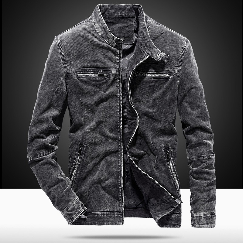 Cotton Men Slim Fit Denim Jacket Casual Stand Collar Long Sleeve Jacket Pocket Zipper Male Coat Plus Size M-3XL