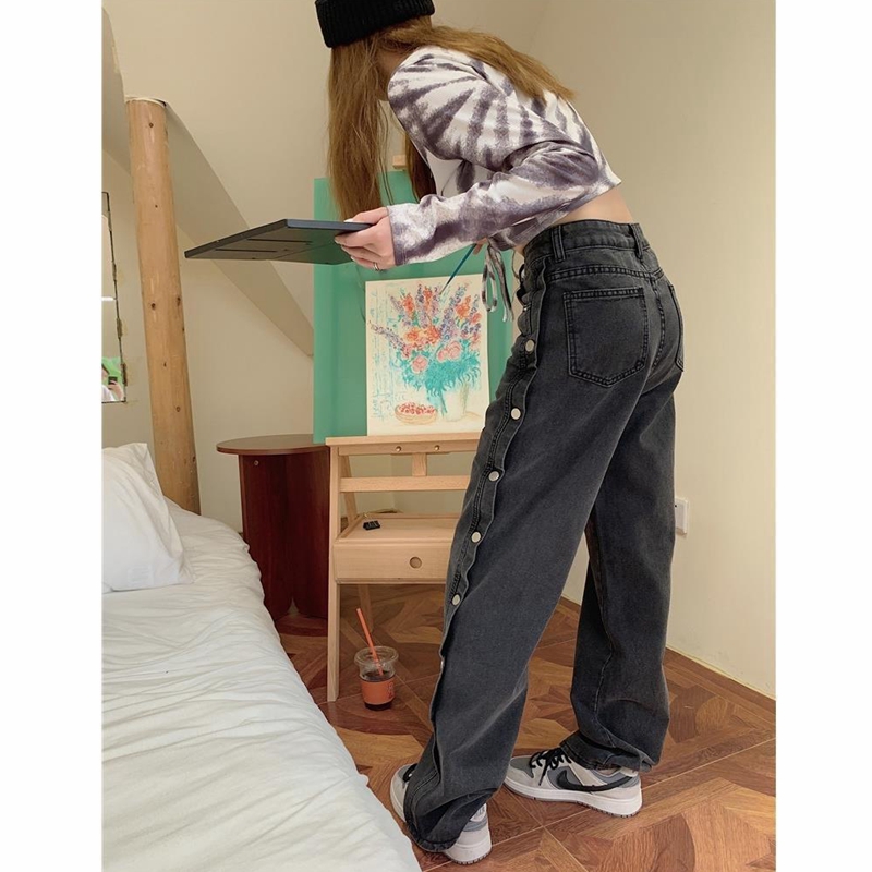 Jean Denim à jambes larges pour femme, pantalon décontracté, taille haute, droit et ample, noir et gris, Vintage, Streetwear