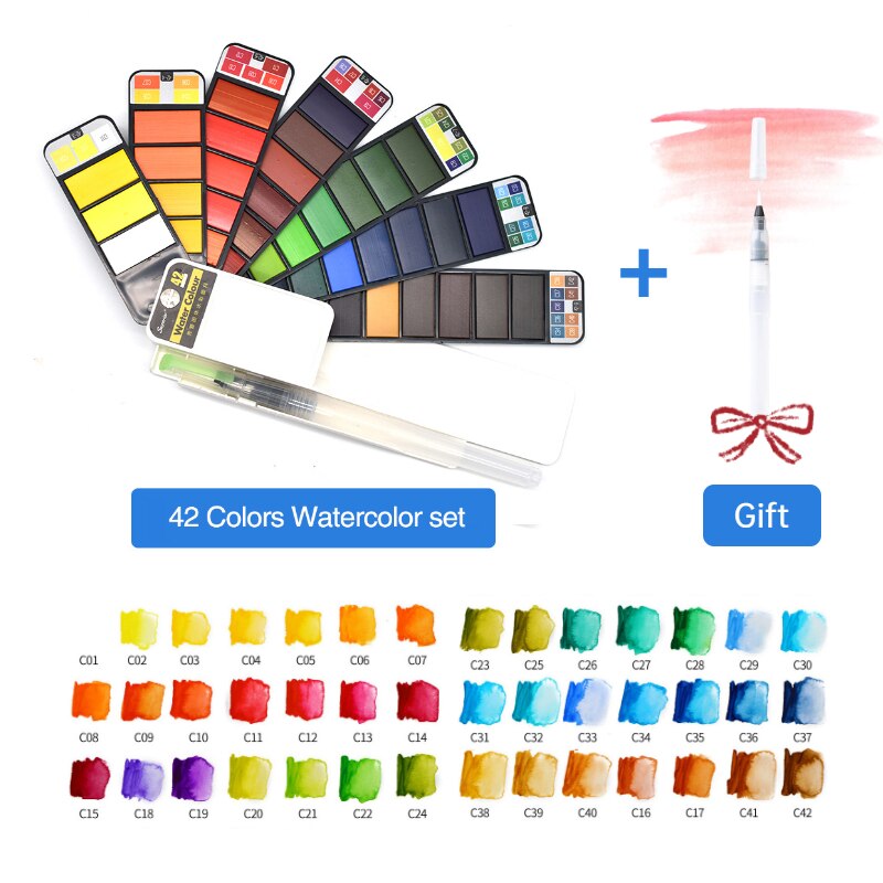 8/25/33/42 Solide Aquarel Verf Set Met Water Borstel Pen Opvouwbare Reizen Water Kleur Pigment Voor Draw: 42colors set