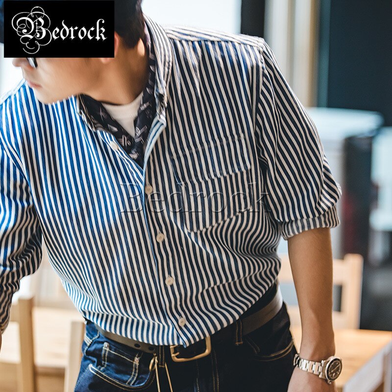 Retro blue white denim rough vertical striped shirt long-sleeved lapel Slim all-match male shirt