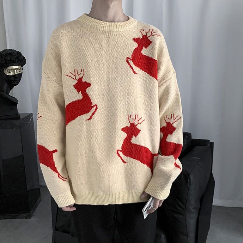 Privathinker herr älgstickade tröjor höst herrtröjor 2 färger man streetwear herrkläder: Aprikos / L