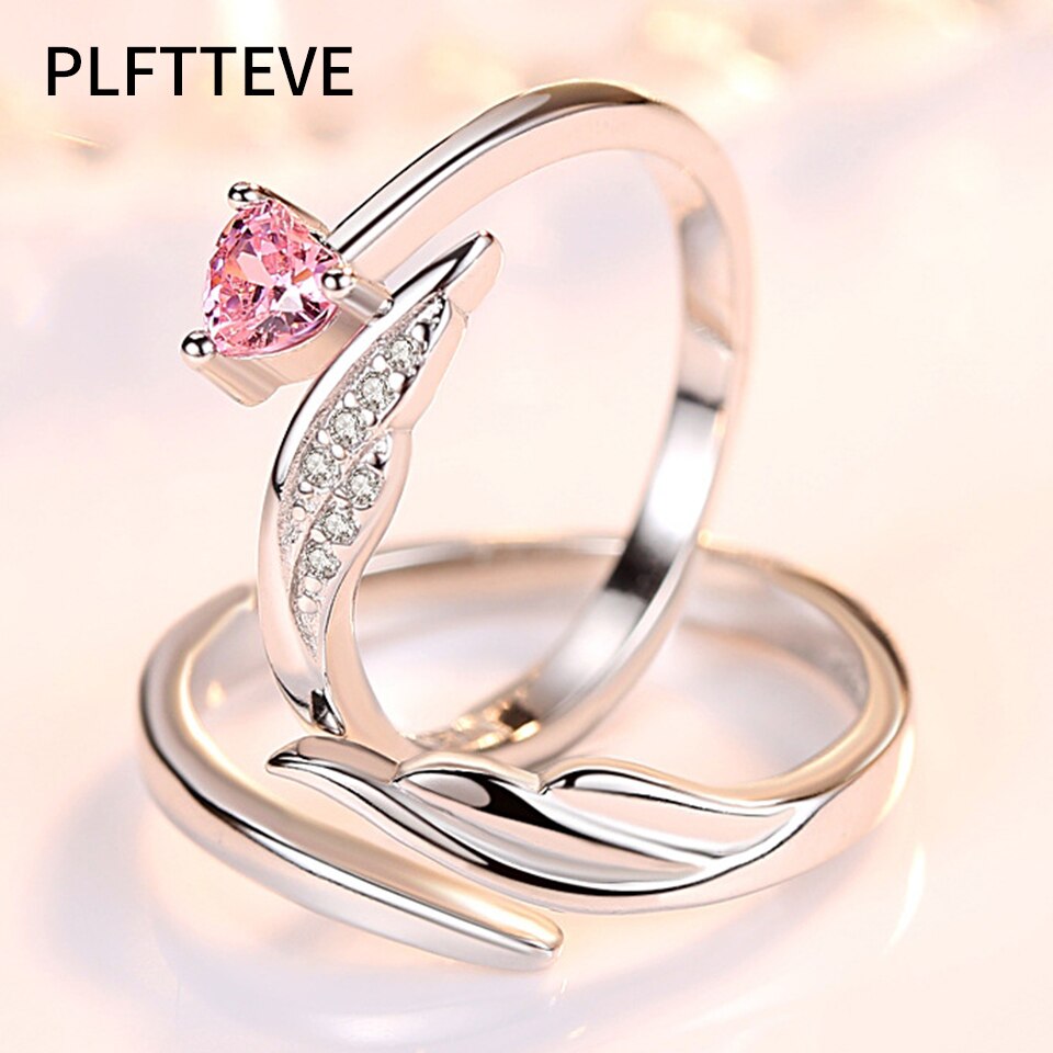 Zirkoon Hart Wings Paar Ringen Voor Liefhebbers Vrouwen Mannen Zilveren Open Verstelbare Man Vrouw Engagement Wedding Ring Mode-sieraden