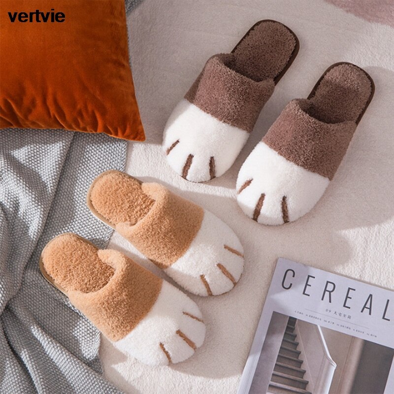 Vertvie Winter Slippers Vrouwen Mannen Paar Schoenen Leuke Kat Poot Thuis Indoor Harige Slippers Unisex Warm Pluche Slippers Zachte Schoenen