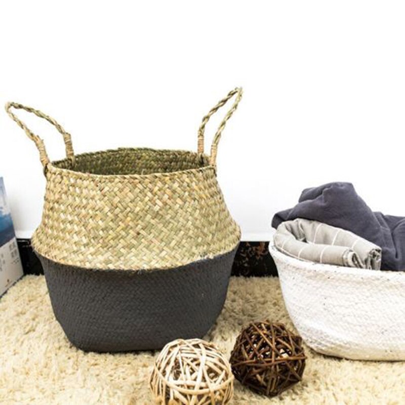 Mini Bambus Lagerung Körbe Faltbare Wäsche Stroh Patchwork Weide Rattan Seegras Bauch Blumentopf Pflanzer Handgemachte Korb