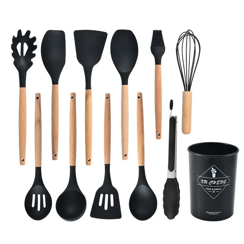 Kitchen Silicone 12-piece Set Wooden Handle Nonstick Silicone Cookware Set