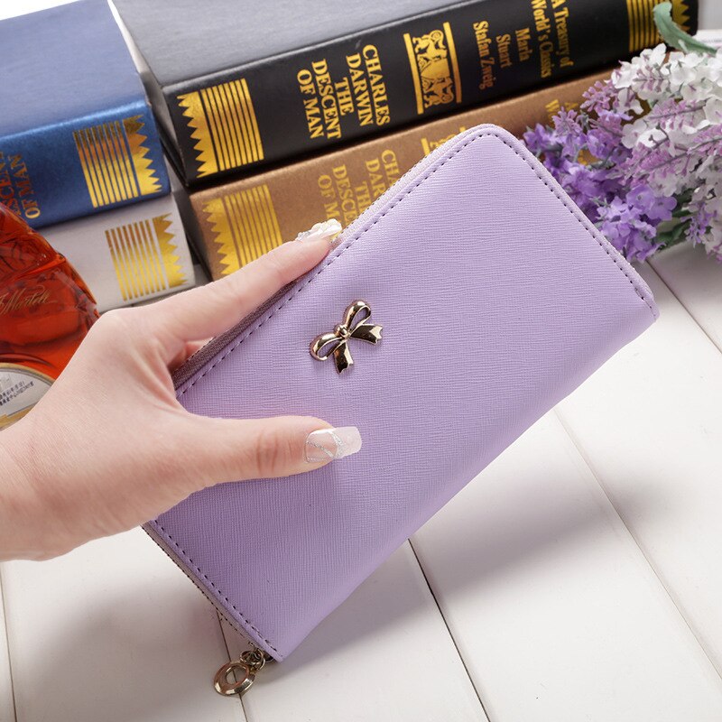Portefeuilles à longue pochette pour femmes, en cuir PU, sac pour pièces de monnaie avec nœud papillon, porte-cartes, célèbre de styliste,: Purple